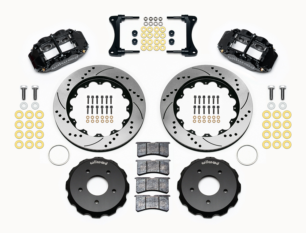 Wilwood Forged Narrow Superlite 6R Big Brake Front Brake Kit (Hat) Parts Laid Out - Black Powder Coat Caliper - SRP Drilled & Slotted Rotor