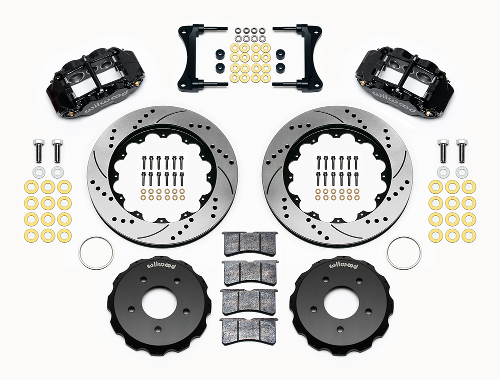 Wilwood Forged Narrow Superlite 6R Big Brake Front Brake Kit (Hat) Parts Laid Out - Black Powder Coat Caliper - SRP Drilled & Slotted Rotor