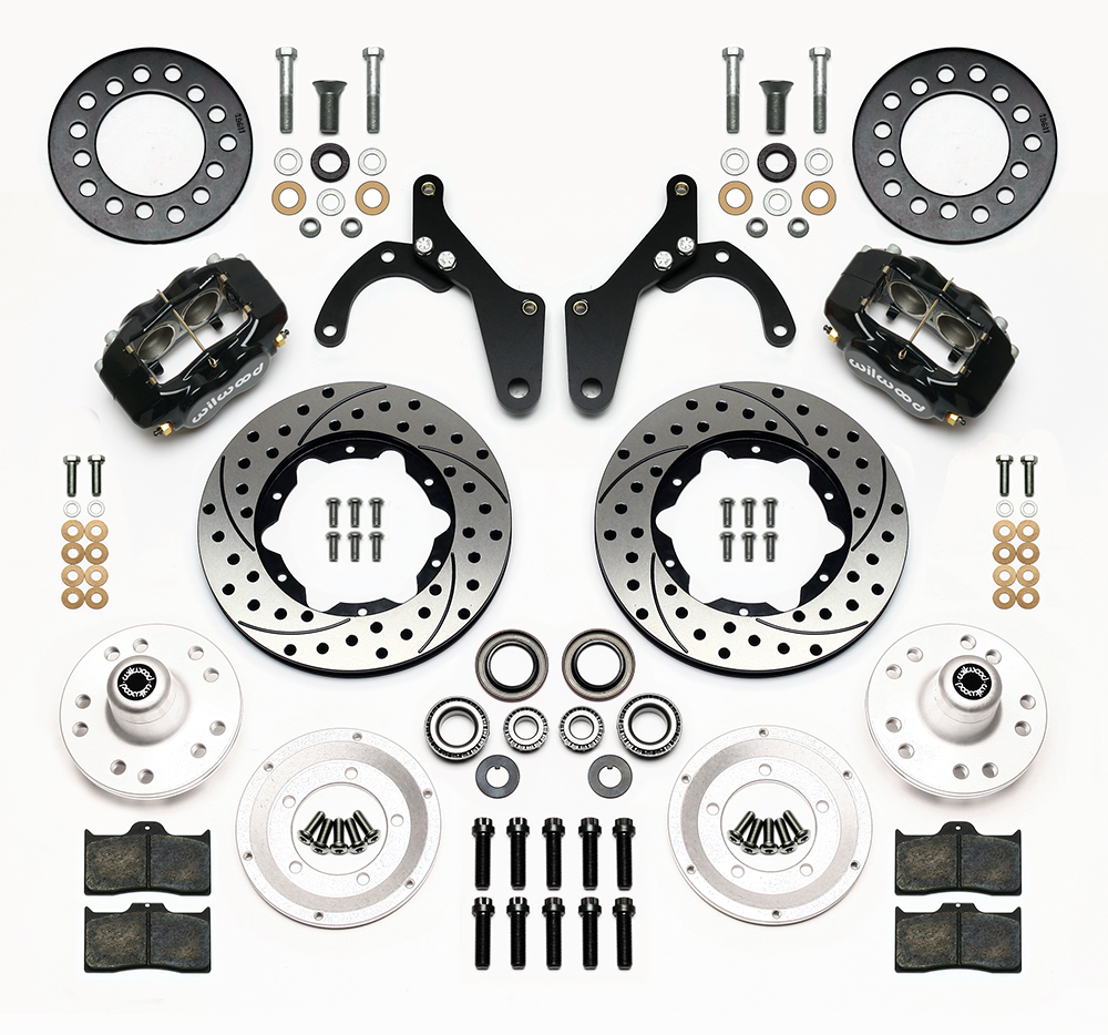 Wilwood Forged Dynalite Pro Series Front Brake Kit Parts Laid Out - Black Powder Coat Caliper - SRP Drilled & Slotted Rotor