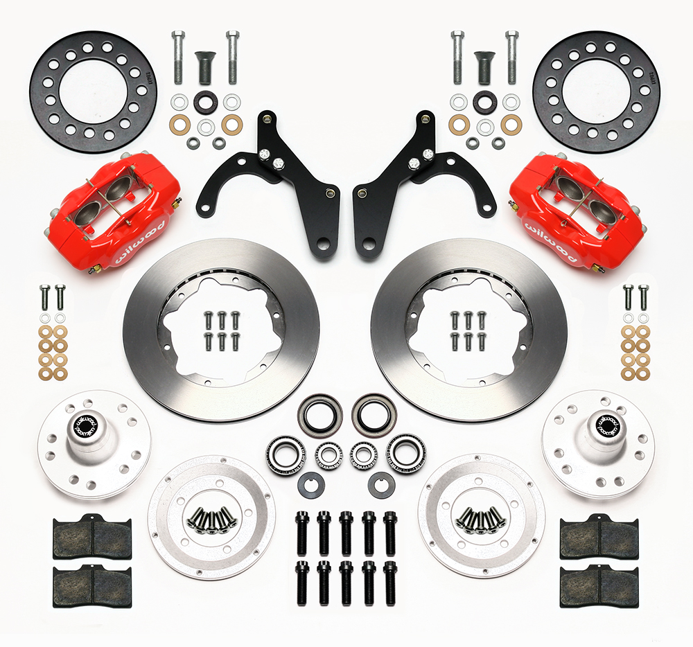 Wilwood Forged Dynalite Pro Series Front Brake Kit Parts Laid Out - Red Powder Coat Caliper - Plain Face Rotor