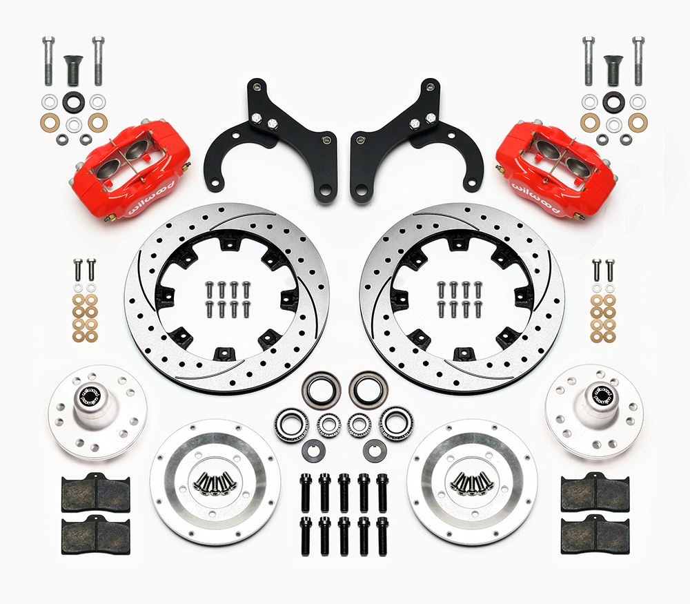 Wilwood Forged Dynalite Big Brake Front Brake Kit (Hub) Parts Laid Out - Red Powder Coat Caliper - SRP Drilled & Slotted Rotor