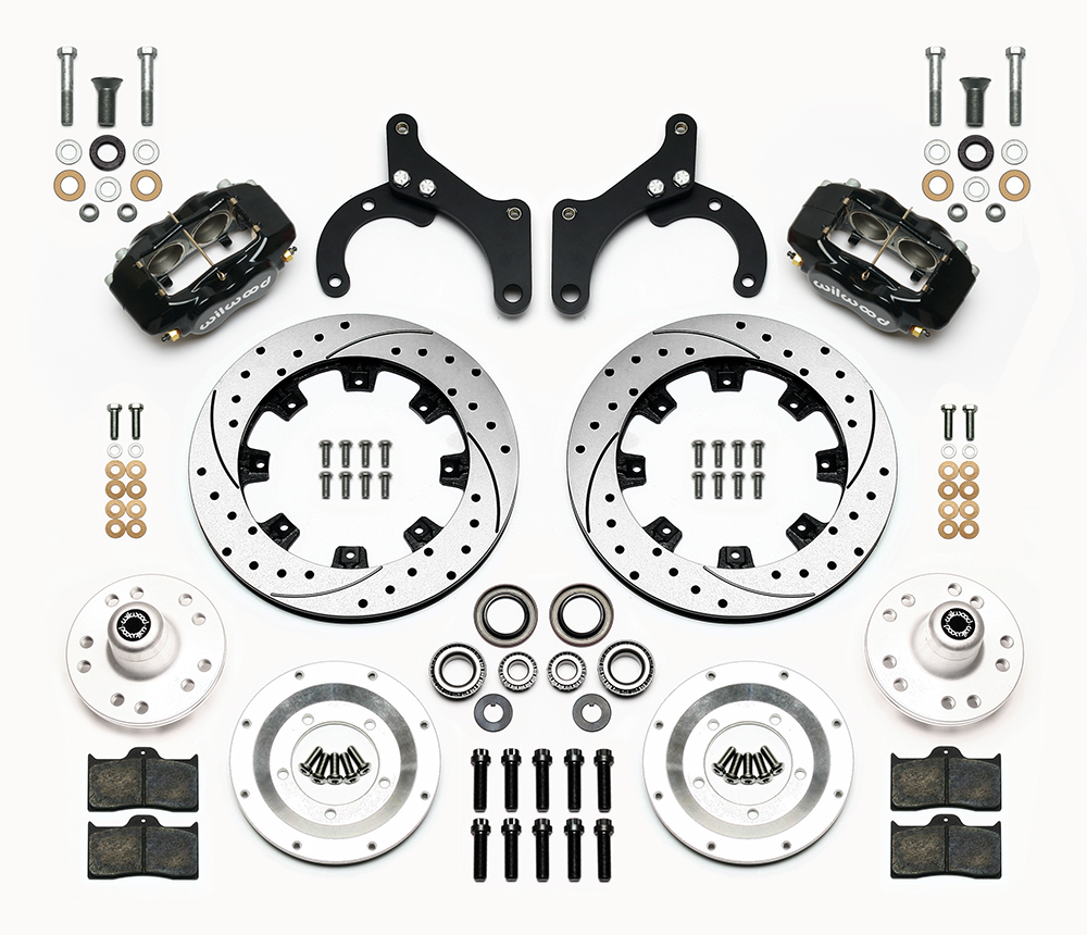 Wilwood Forged Dynalite Big Brake Front Brake Kit (Hub) Parts Laid Out - Black Powder Coat Caliper - SRP Drilled & Slotted Rotor