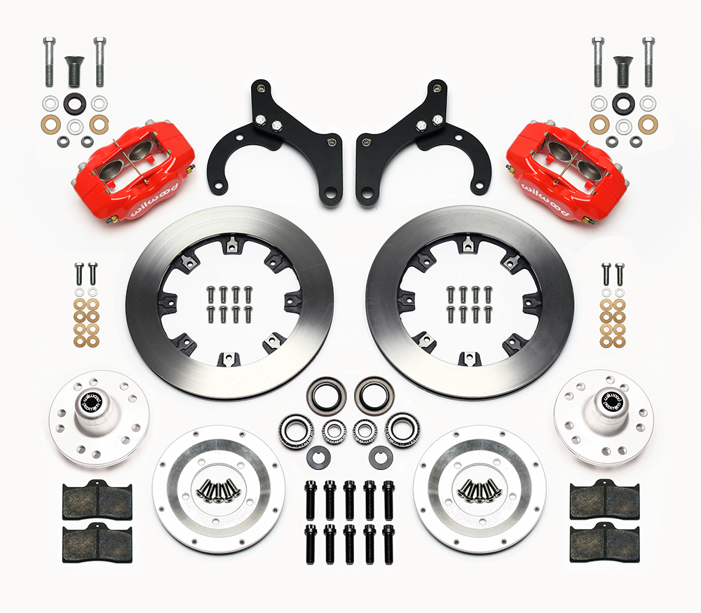 Wilwood Forged Dynalite Big Brake Front Brake Kit (Hub) Parts Laid Out - Red Powder Coat Caliper - Plain Face Rotor