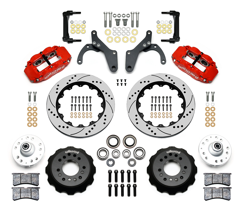 Wilwood Forged Narrow Superlite 6R Big Brake Front Brake Kit (Hub) Parts Laid Out - Red Powder Coat Caliper - SRP Drilled & Slotted Rotor