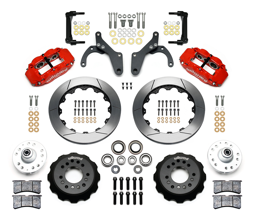 Wilwood Forged Narrow Superlite 6R Big Brake Front Brake Kit (Hub) Parts Laid Out - Red Powder Coat Caliper - GT Slotted Rotor