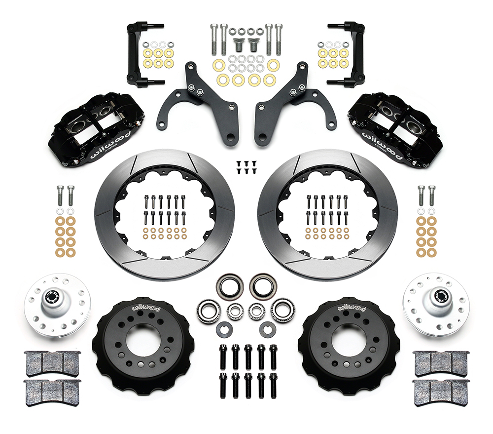 Wilwood Forged Narrow Superlite 6R Big Brake Front Brake Kit (Hub) Parts Laid Out - Black Powder Coat Caliper - GT Slotted Rotor