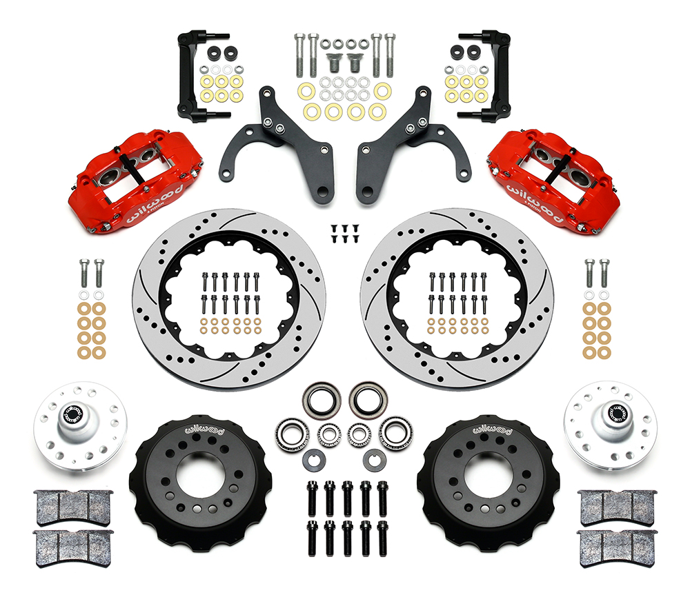 Wilwood Forged Narrow Superlite 6R Big Brake Front Brake Kit (Hub) Parts Laid Out - Red Powder Coat Caliper - SRP Drilled & Slotted Rotor