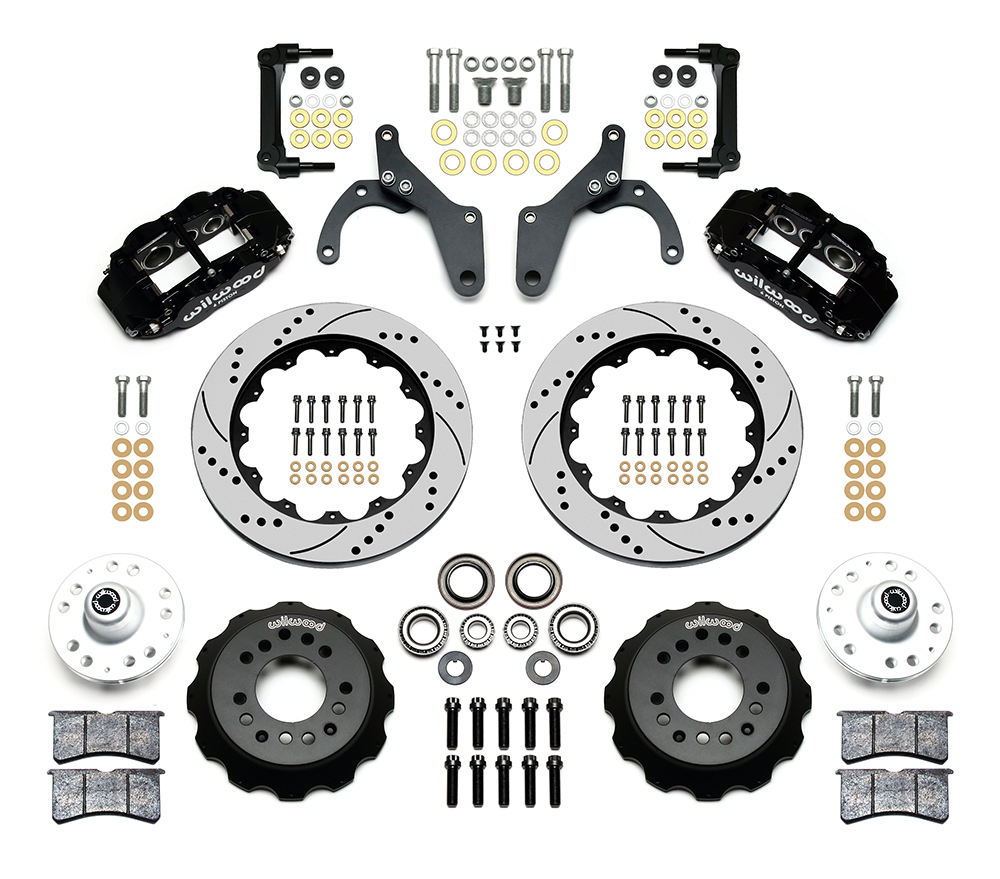 Wilwood Forged Narrow Superlite 6R Big Brake Front Brake Kit (Hub) Parts Laid Out - Black Powder Coat Caliper - SRP Drilled & Slotted Rotor