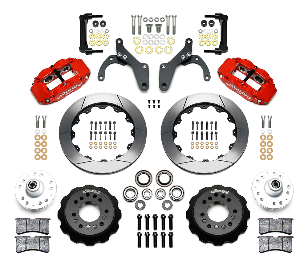 Wilwood Forged Narrow Superlite 6R Big Brake Front Brake Kit (Hub) Parts Laid Out - Red Powder Coat Caliper - GT Slotted Rotor