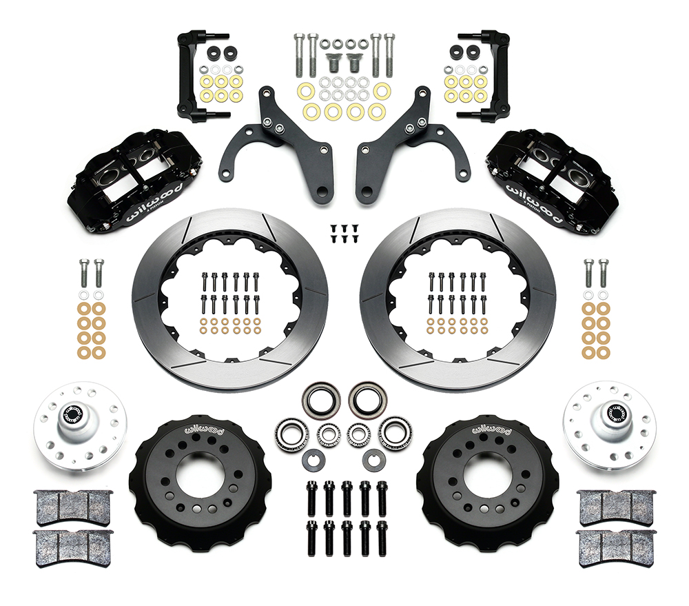 Wilwood Forged Narrow Superlite 6R Big Brake Front Brake Kit (Hub) Parts Laid Out - Black Powder Coat Caliper - GT Slotted Rotor