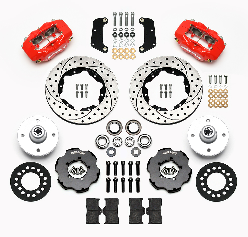 Wilwood Forged Dynalite Pro Series Front Brake Kit Parts Laid Out - Red Powder Coat Caliper - SRP Drilled & Slotted Rotor