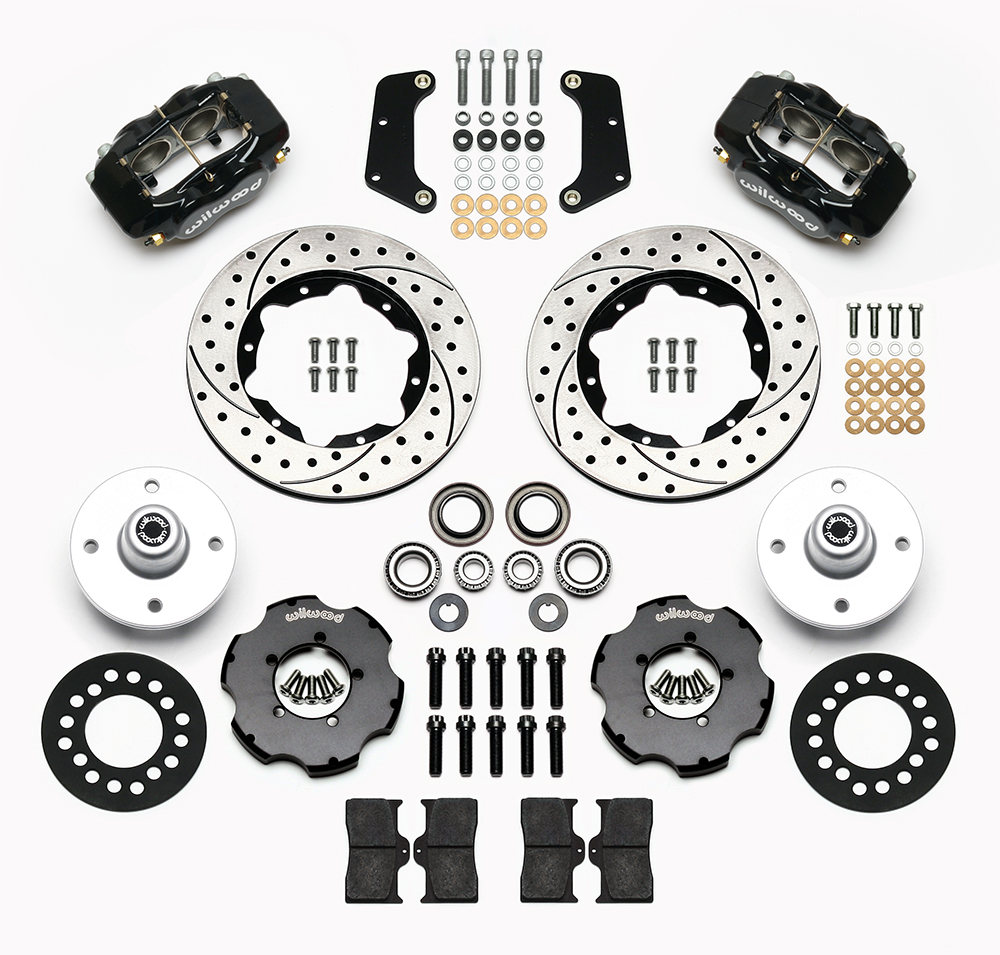 Wilwood Forged Dynalite Pro Series Front Brake Kit Parts Laid Out - Black Powder Coat Caliper - SRP Drilled & Slotted Rotor