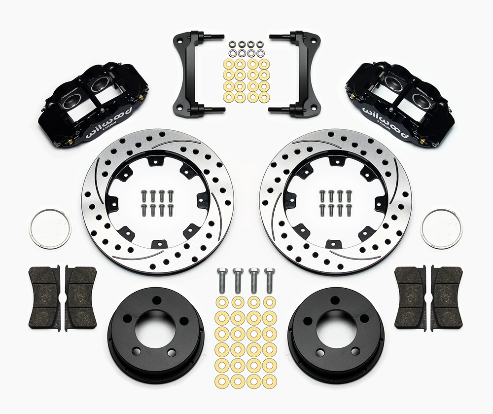 Wilwood Forged Narrow Superlite 4R Big Brake Front Brake Kit (Hat) Parts Laid Out - Black Powder Coat Caliper - SRP Drilled & Slotted Rotor