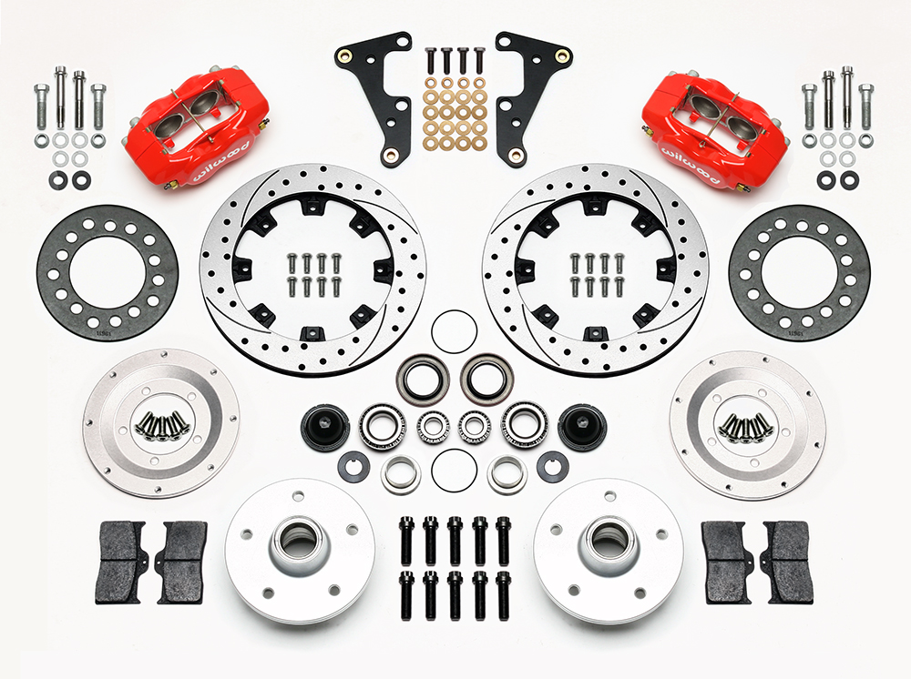 Wilwood Forged Dynalite Pro Series Front Brake Kit Parts Laid Out - Red Powder Coat Caliper - SRP Drilled & Slotted Rotor