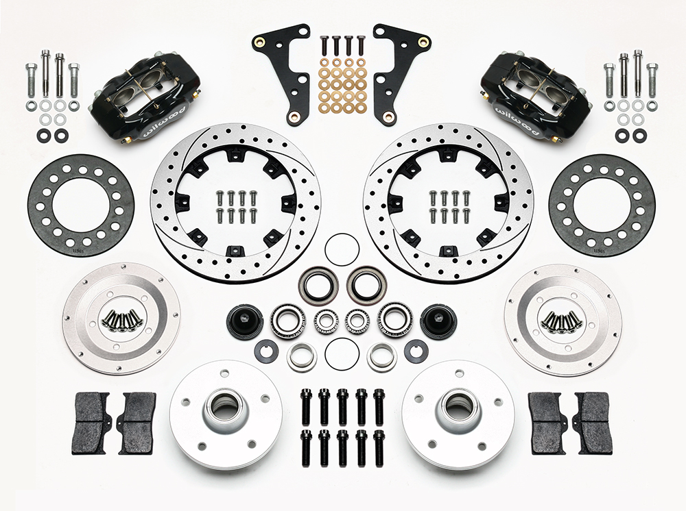 Wilwood Forged Dynalite Pro Series Front Brake Kit Parts Laid Out - Black Powder Coat Caliper - SRP Drilled & Slotted Rotor