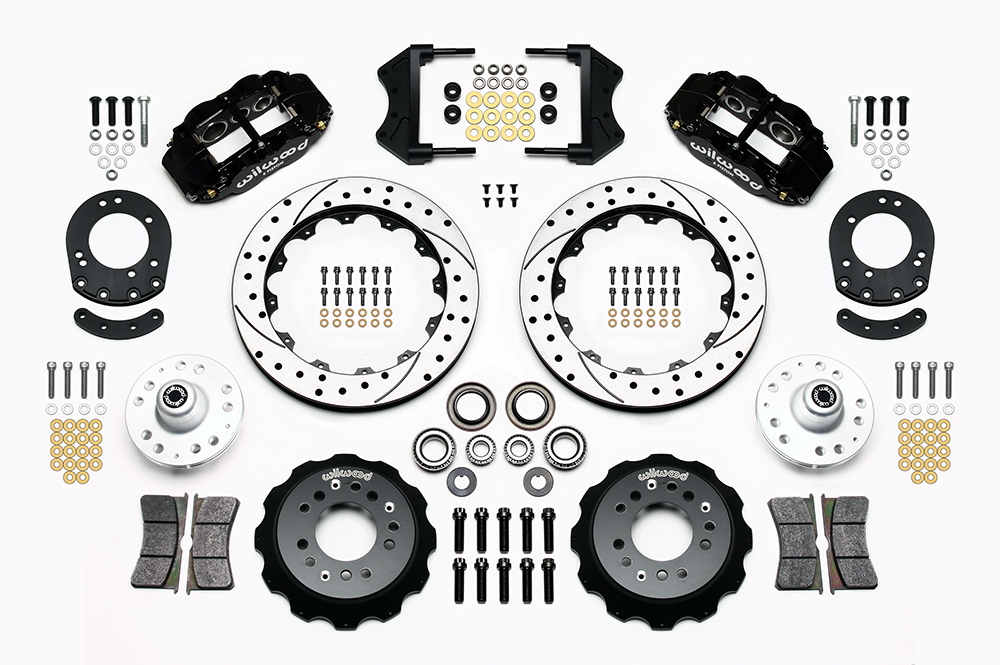 Wilwood Forged Narrow Superlite 6R Big Brake Front Brake Kit (Hub) Parts Laid Out - Black Powder Coat Caliper - SRP Drilled & Slotted Rotor