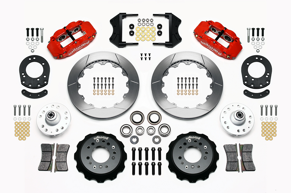 Wilwood Forged Narrow Superlite 6R Big Brake Front Brake Kit (Hub) Parts Laid Out - Red Powder Coat Caliper - GT Slotted Rotor