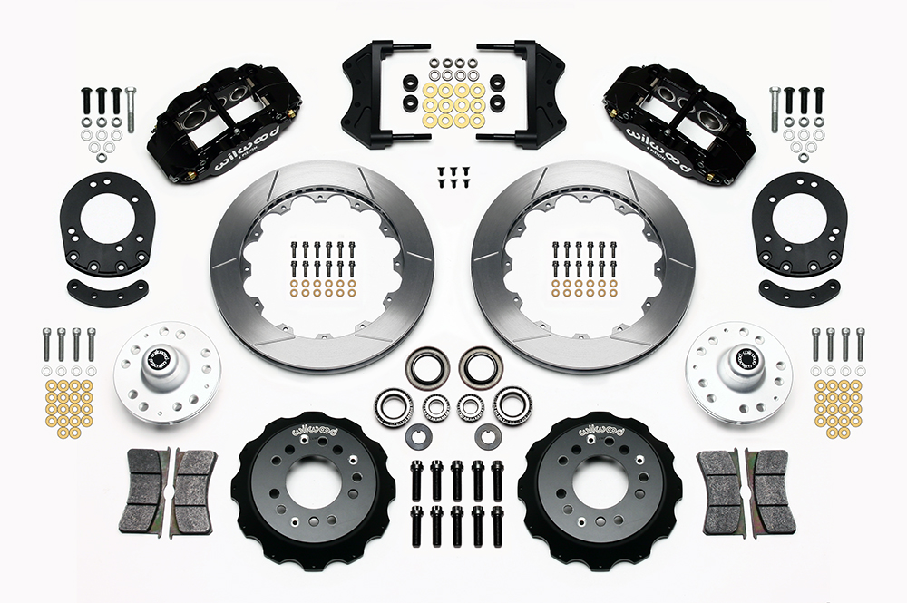 Wilwood Forged Narrow Superlite 6R Big Brake Front Brake Kit (Hub) Parts Laid Out - Black Powder Coat Caliper - GT Slotted Rotor