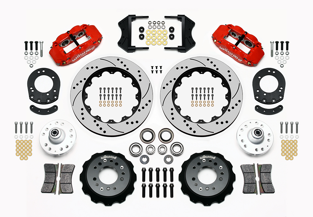 Wilwood Forged Narrow Superlite 6R Big Brake Front Brake Kit (Hub) Parts Laid Out - Red Powder Coat Caliper - SRP Drilled & Slotted Rotor