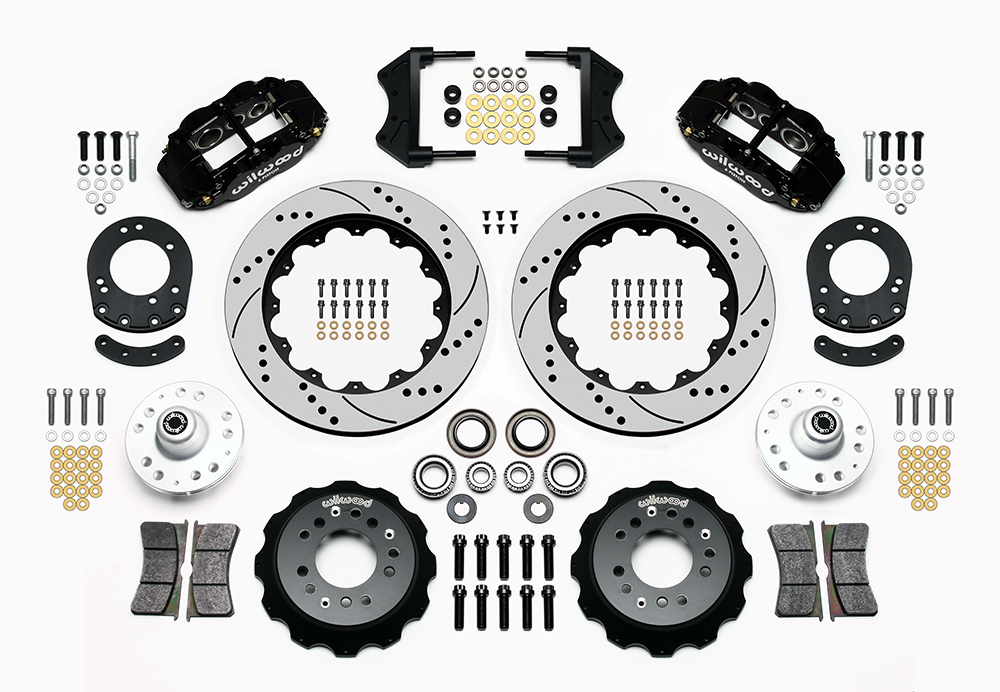 Wilwood Forged Narrow Superlite 6R Big Brake Front Brake Kit (Hub) Parts Laid Out - Black Powder Coat Caliper - SRP Drilled & Slotted Rotor