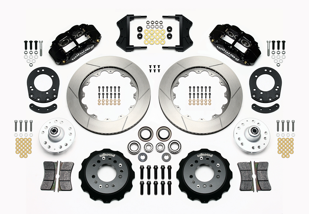 Wilwood Forged Narrow Superlite 6R Big Brake Front Brake Kit (Hub) Parts Laid Out - Black Powder Coat Caliper - GT Slotted Rotor