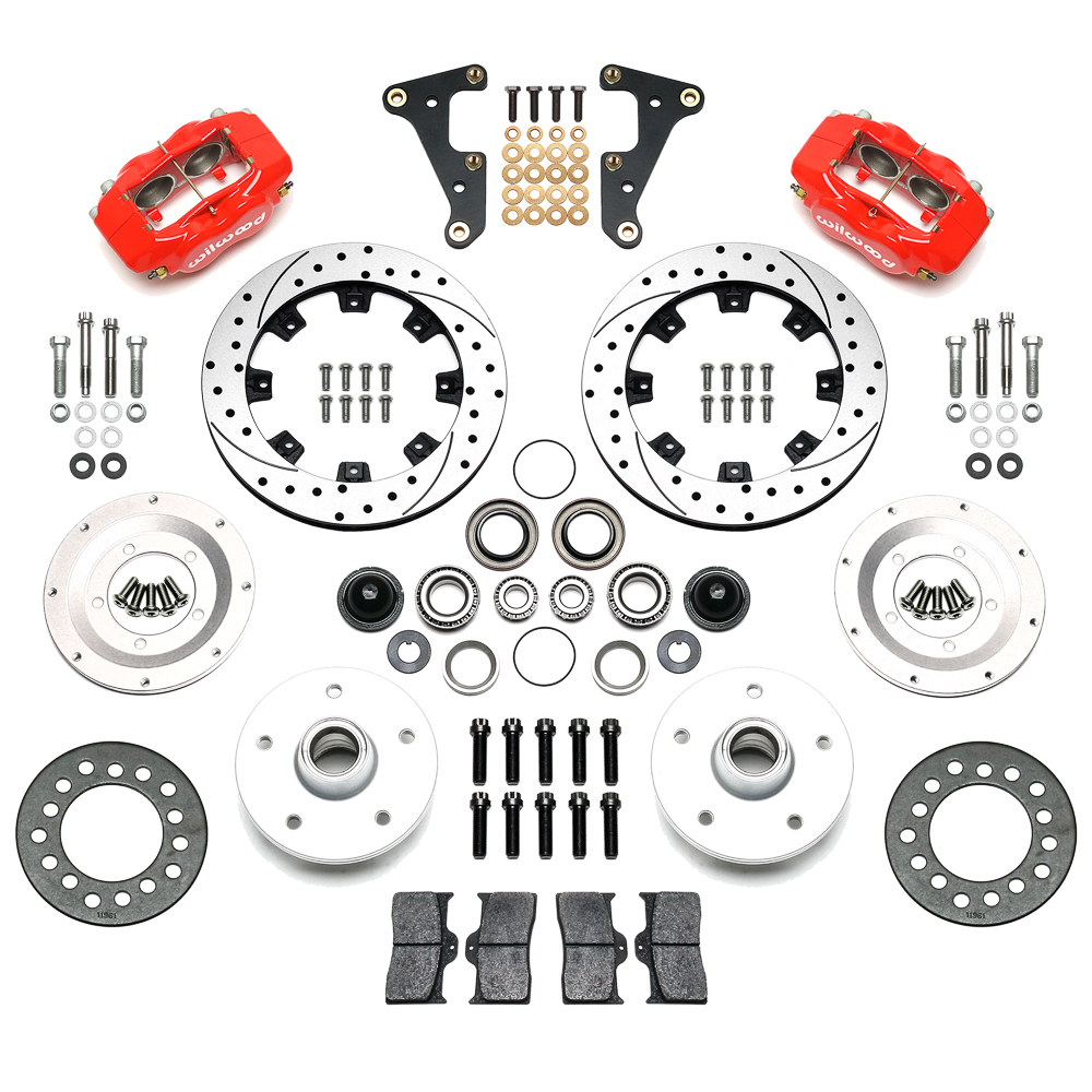 Wilwood Forged Dynalite Pro Series Front Brake Kit Parts Laid Out - Red Powder Coat Caliper - SRP Drilled & Slotted Rotor