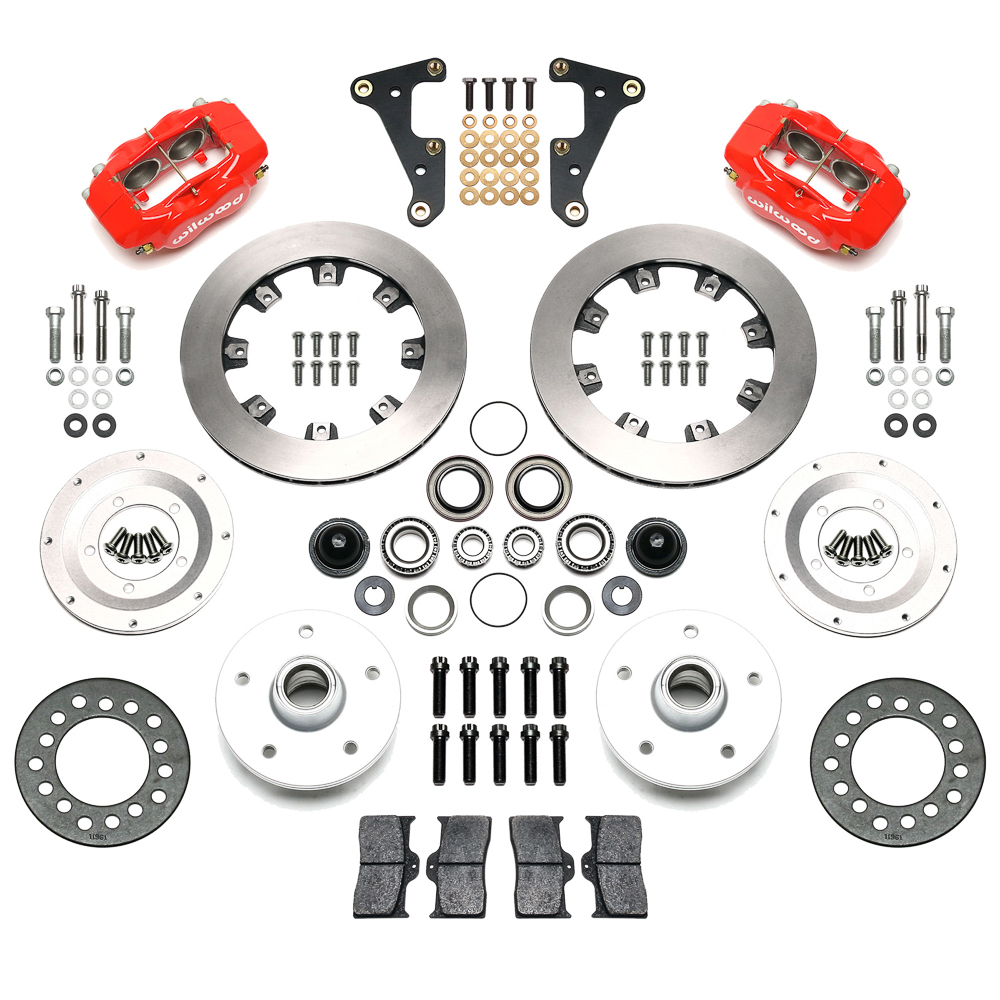 Wilwood Forged Dynalite Pro Series Front Brake Kit Parts Laid Out - Red Powder Coat Caliper - Plain Face Rotor