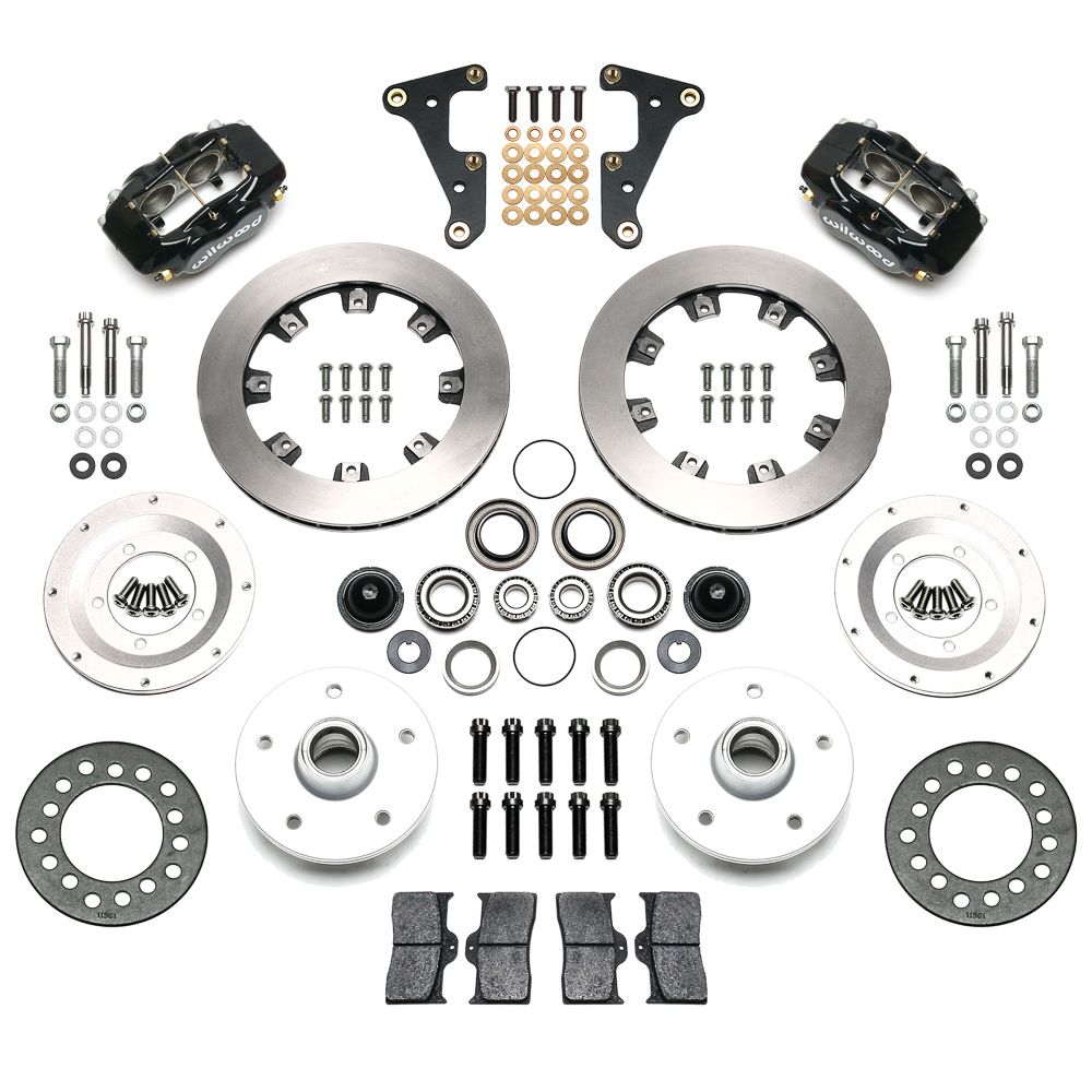 Wilwood Forged Dynalite Pro Series Front Brake Kit Parts Laid Out - Black Powder Coat Caliper - Plain Face Rotor