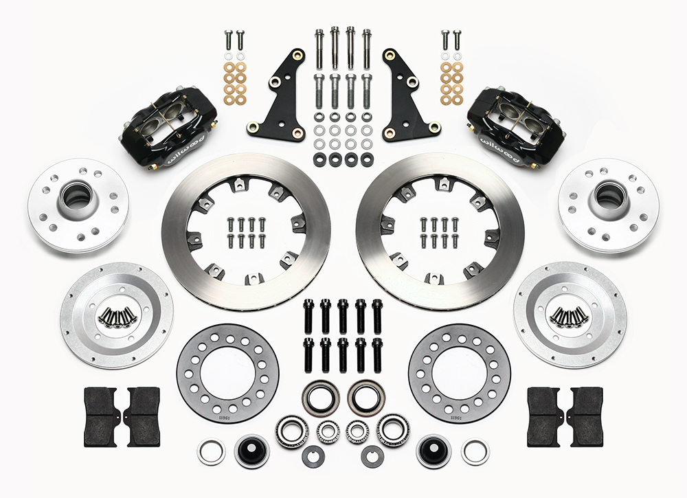 Wilwood Forged Dynalite Pro Series Front Brake Kit Parts Laid Out - Black Powder Coat Caliper - Plain Face Rotor