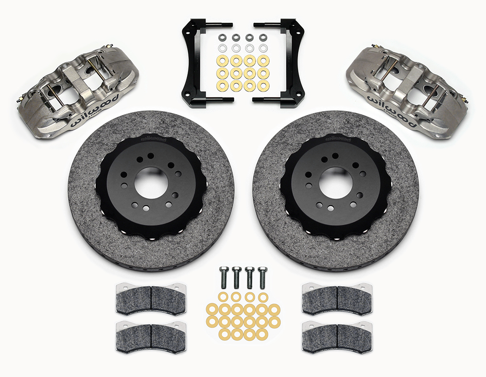 Wilwood AERO6 WCCB Carbon-Ceramic Big Brake Front Brake Kit Parts Laid Out - Nickel Plate Caliper - Plain Face Rotor