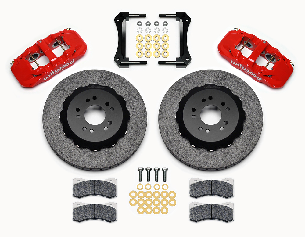 Wilwood AERO6 WCCB Carbon-Ceramic Big Brake Front Brake Kit Parts Laid Out - Red Powder Coat Caliper - Plain Face Rotor