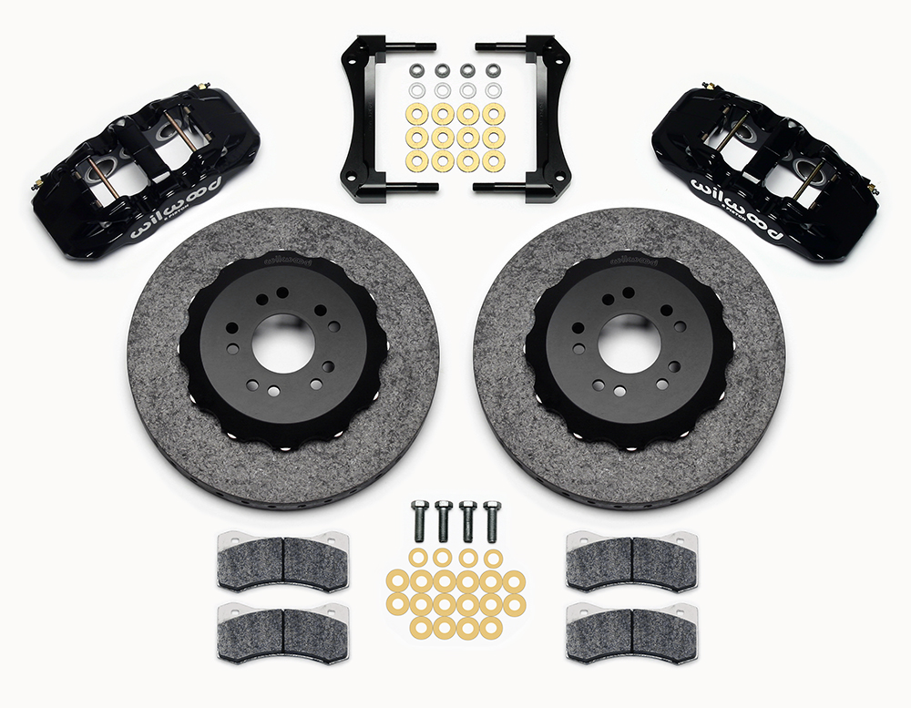 Wilwood AERO6 WCCB Carbon-Ceramic Big Brake Front Brake Kit Parts Laid Out - Black Powder Coat Caliper - Plain Face Rotor