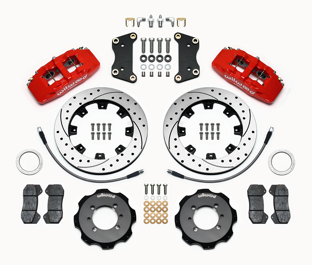 Wilwood Forged Dynapro 6 Big Brake Front Brake Kit (Hat) Parts Laid Out - Red Powder Coat Caliper - SRP Drilled & Slotted Rotor