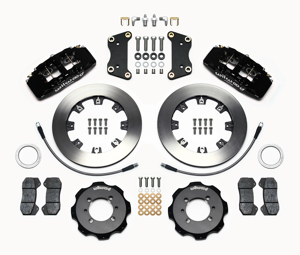 Wilwood Forged Dynapro 6 Big Brake Front Brake Kit (Hat) Parts Laid Out - Black Powder Coat Caliper - Plain Face Rotor