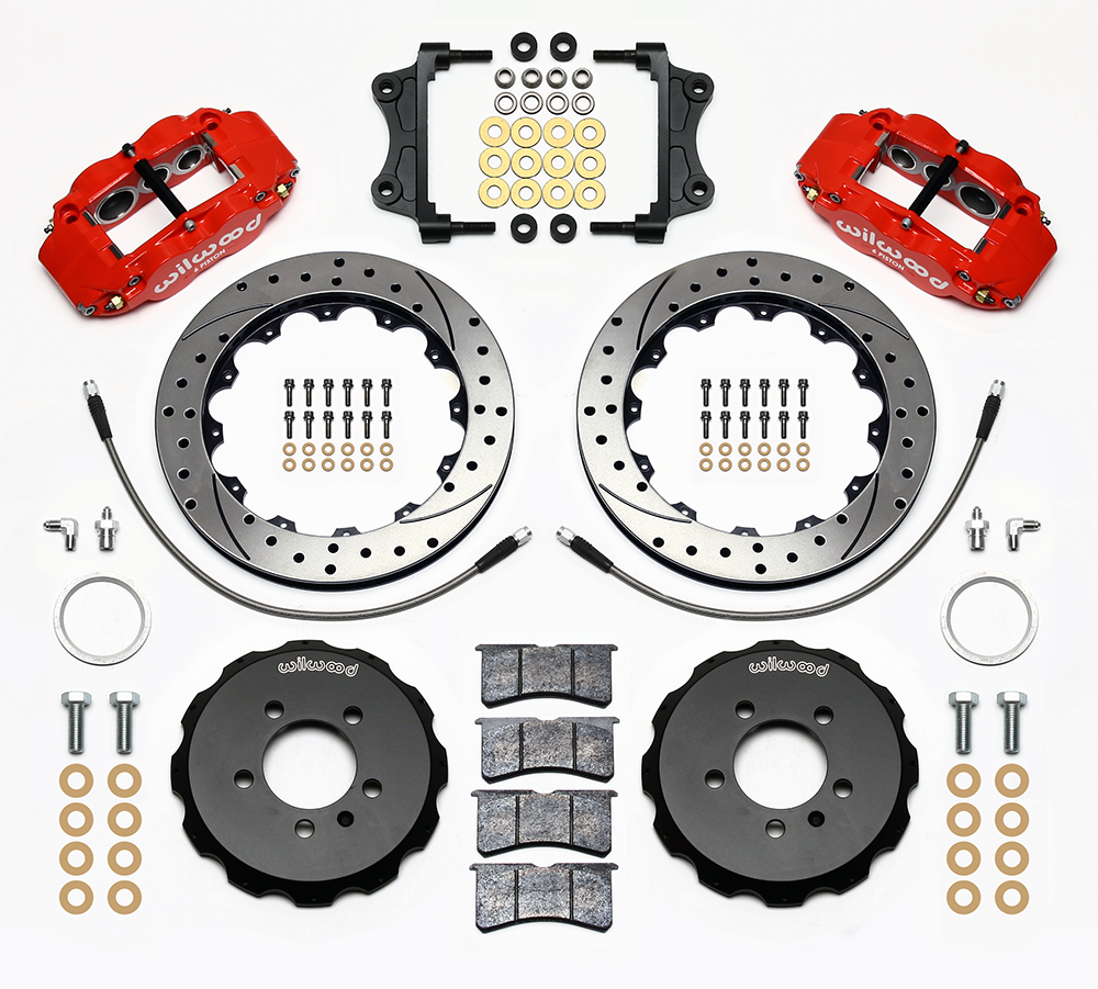 Wilwood Forged Narrow Superlite 6R Big Brake Front Brake Kit (Hat) Parts Laid Out - Red Powder Coat Caliper - SRP Drilled & Slotted Rotor