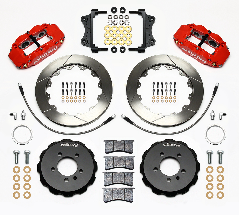 Wilwood Forged Narrow Superlite 6R Big Brake Front Brake Kit (Hat) Parts Laid Out - Red Powder Coat Caliper - GT Slotted Rotor