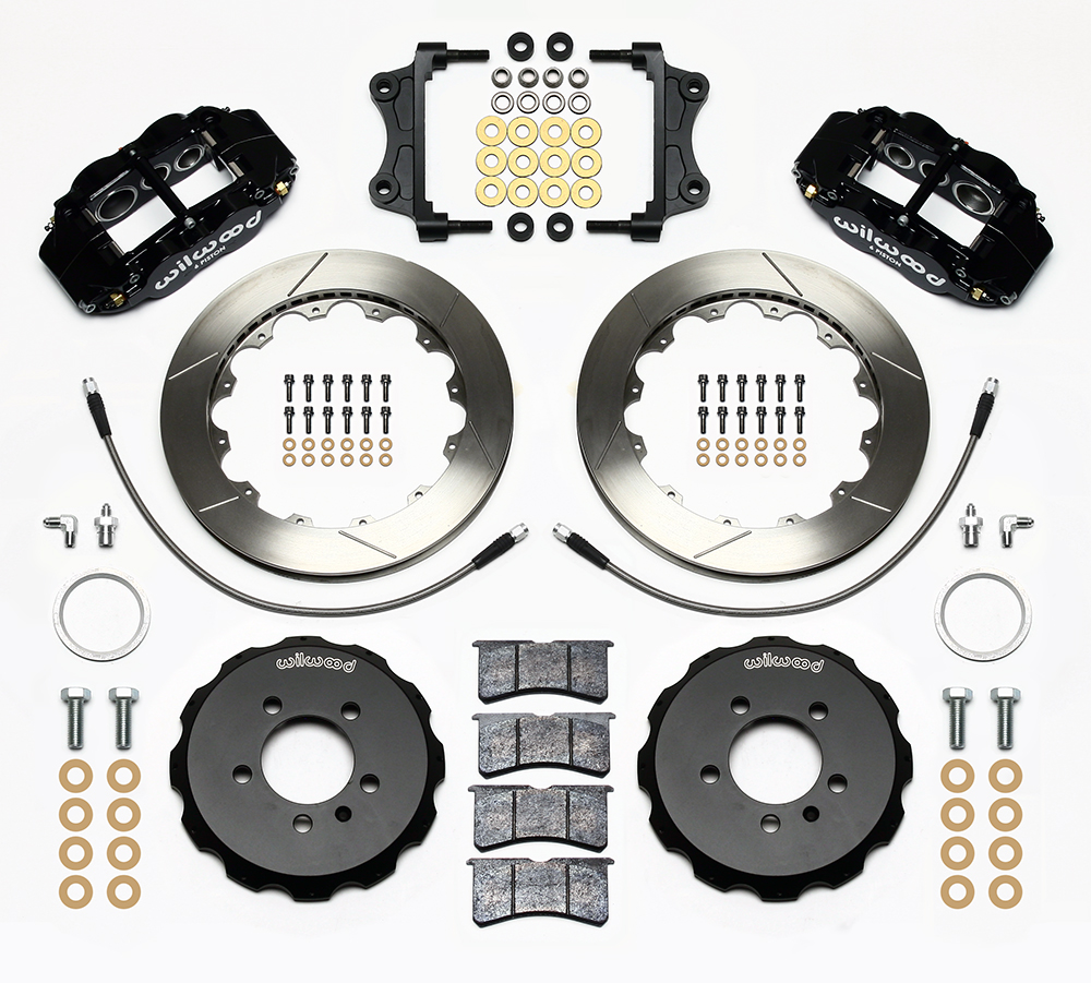 Wilwood Forged Narrow Superlite 6R Big Brake Front Brake Kit (Hat) Parts Laid Out - Black Powder Coat Caliper - GT Slotted Rotor