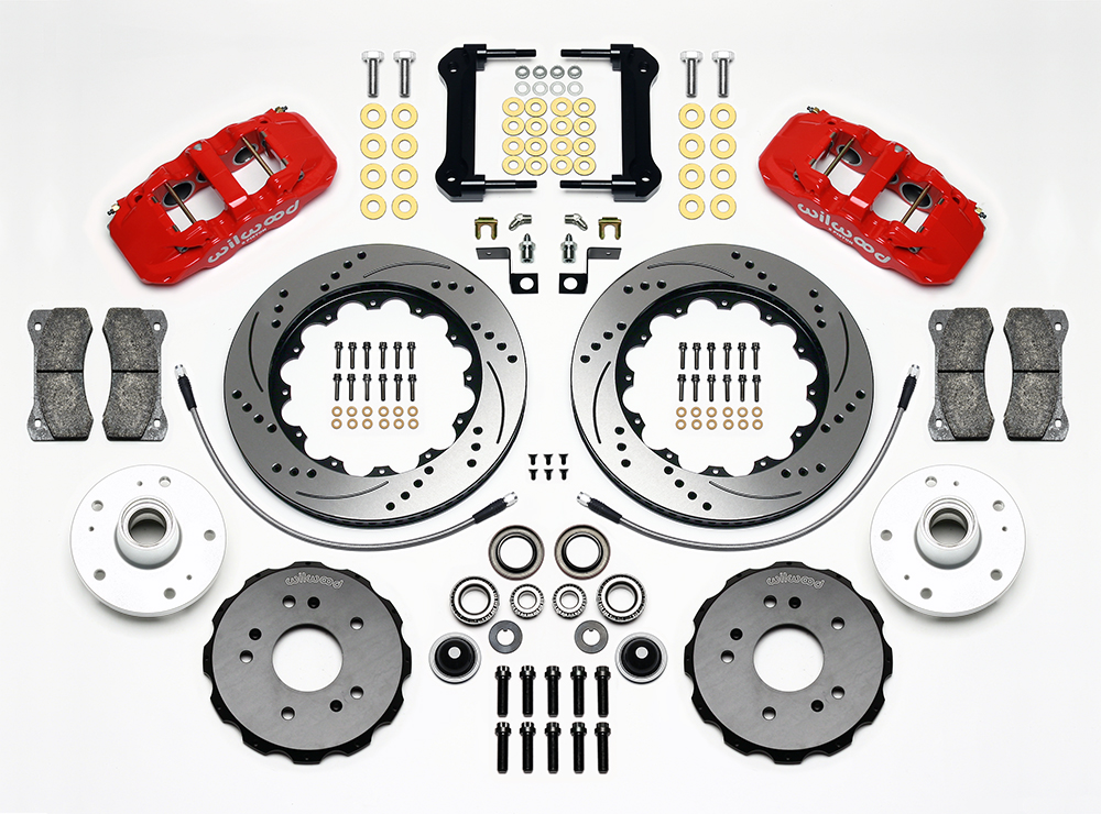 Wilwood AERO6 Big Brake Truck Front Brake Kit Parts Laid Out - Red Powder Coat Caliper - SRP Drilled & Slotted Rotor