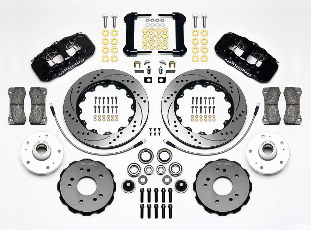 Wilwood AERO6 Big Brake Truck Front Brake Kit Parts Laid Out - Black Powder Coat Caliper - SRP Drilled & Slotted Rotor