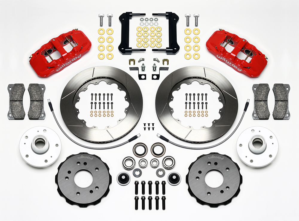 Wilwood AERO6 Big Brake Truck Front Brake Kit Parts Laid Out - Red Powder Coat Caliper - GT Slotted Rotor