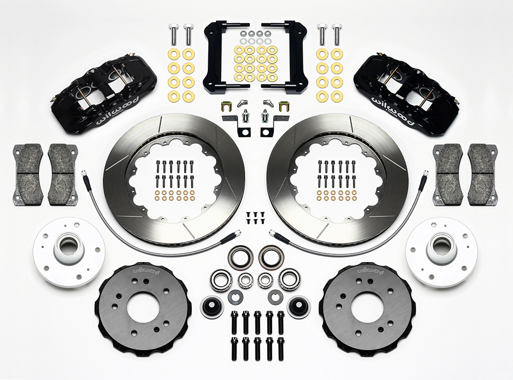 Wilwood AERO6 Big Brake Truck Front Brake Kit Parts Laid Out - Black Powder Coat Caliper - GT Slotted Rotor