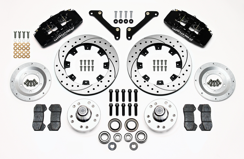 Wilwood Forged Dynapro 6 Big Brake Front Brake Kit (Hub) Parts Laid Out - Black Powder Coat Caliper - SRP Drilled & Slotted Rotor