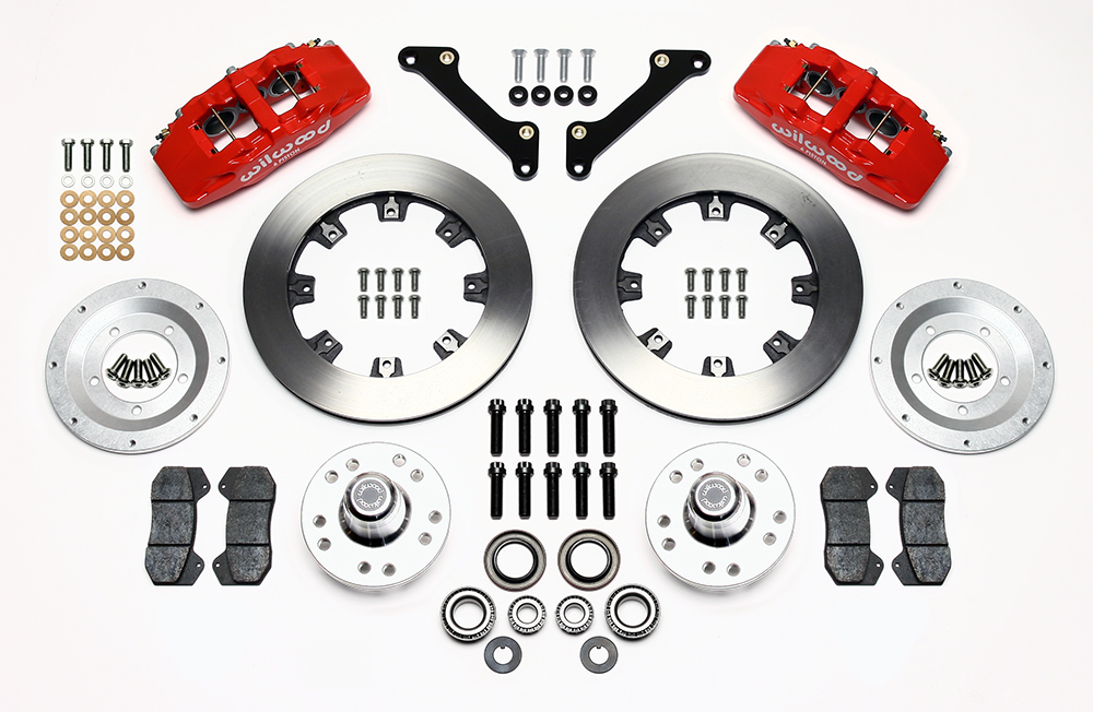 Wilwood Forged Dynapro 6 Big Brake Front Brake Kit (Hub) Parts Laid Out - Red Powder Coat Caliper - Plain Face Rotor