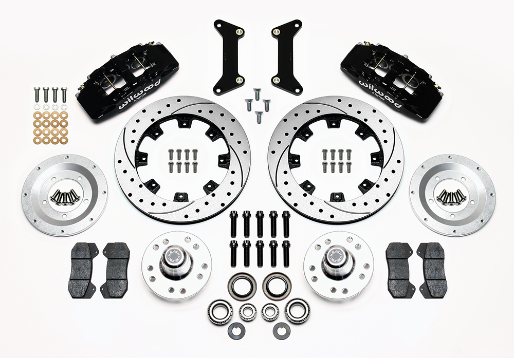 Wilwood Forged Dynapro 6 Big Brake Front Brake Kit (Hub) Parts Laid Out - Black Powder Coat Caliper - SRP Drilled & Slotted Rotor