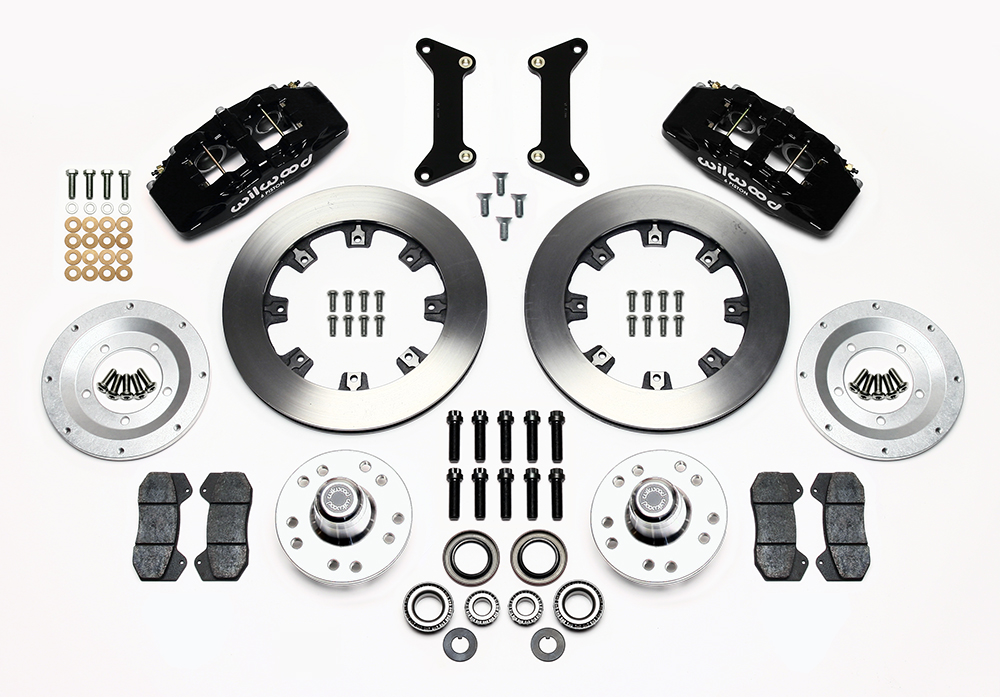 Wilwood Forged Dynapro 6 Big Brake Front Brake Kit (Hub) Parts Laid Out - Black Powder Coat Caliper - Plain Face Rotor