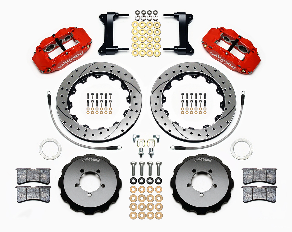 Wilwood Forged Narrow Superlite 6R Big Brake Front Brake Kit (Hat) Parts Laid Out - Red Powder Coat Caliper - SRP Drilled & Slotted Rotor