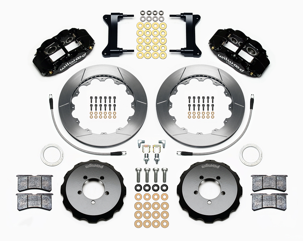 Wilwood Forged Narrow Superlite 6R Big Brake Front Brake Kit (Hat) Parts Laid Out - Black Powder Coat Caliper - GT Slotted Rotor