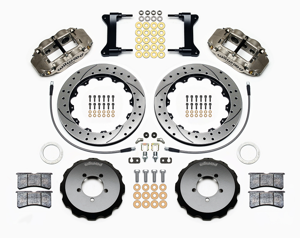 Wilwood Forged Narrow Superlite 6R Big Brake Front Brake Kit (Hat) Parts Laid Out - Nickel Plate Caliper - SRP Drilled & Slotted Rotor