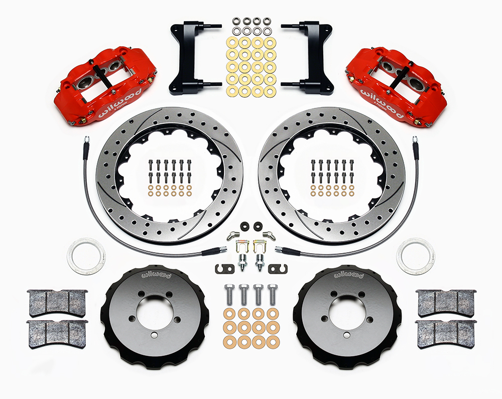 Wilwood Forged Narrow Superlite 6R Big Brake Front Brake Kit (Hat) Parts Laid Out - Red Powder Coat Caliper - SRP Drilled & Slotted Rotor