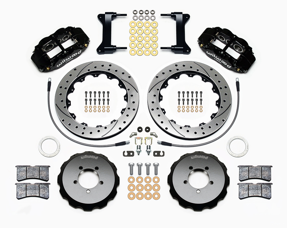 Wilwood Forged Narrow Superlite 6R Big Brake Front Brake Kit (Hat) Parts Laid Out - Black Powder Coat Caliper - SRP Drilled & Slotted Rotor